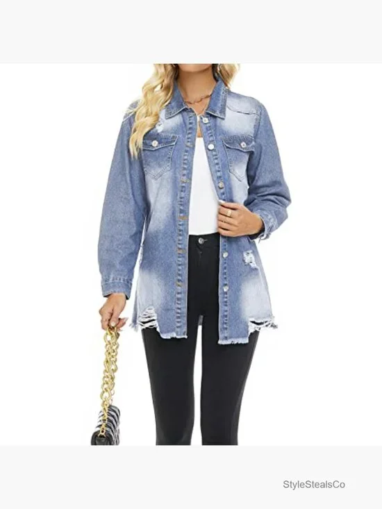 Distressed Denim Jacket Mid-Long Ripped Button Down Casual Women's - Picture 2 of 7